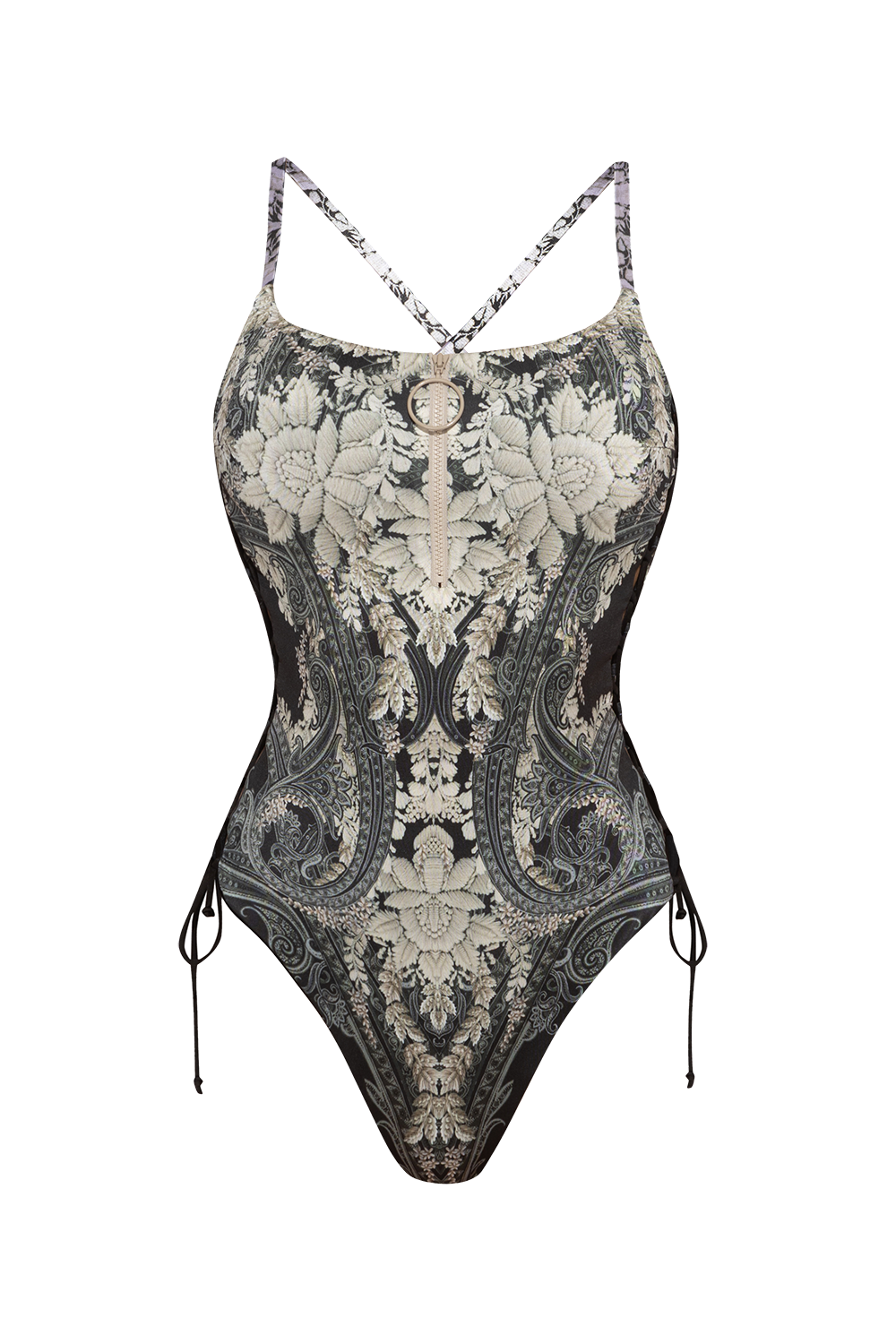 ONE-PIECE SWIMSUIT WITH ZIP AND SIDE TIES – FROZEN LOTUS