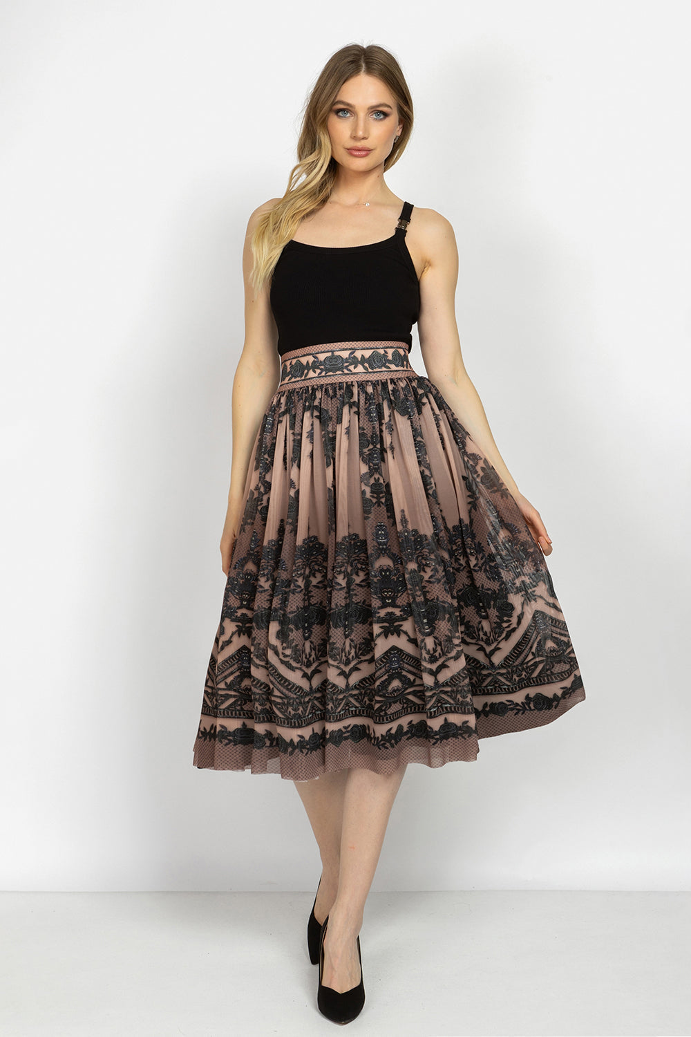 MESH SKIRT WITH ELASTIC WAIST AND VISCOSE LINING - GRAFFITI POWDER JIORO МИДИ ПОЛА ОТ МРЕЖА С ЕЛАСТИЧЕН КОЛАН И ПОДПЛАТА ОТ ВИСКОЗА - GRAFFITI POWDER JIORO