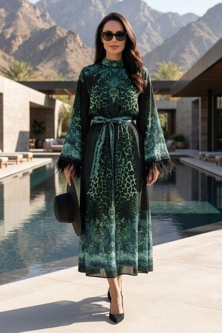 VISCOSE CAFTAN WITH FEATHERS - LEO NEON GREEN