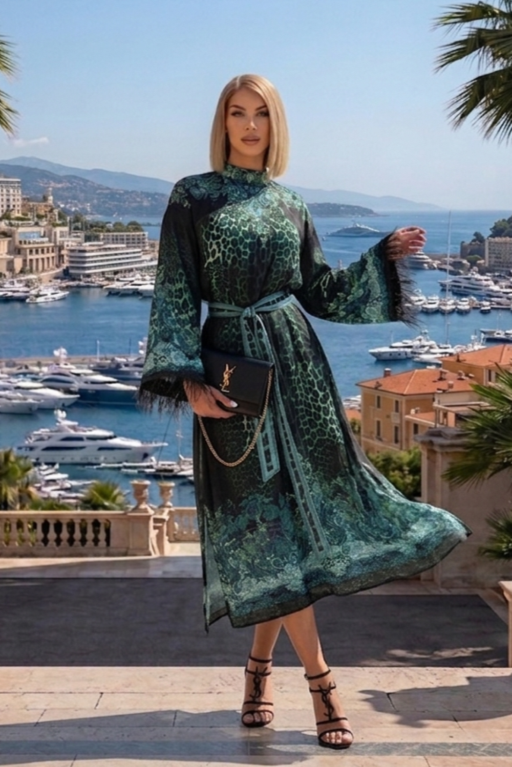 VISCOSE CAFTAN WITH FEATHERS - LEO NEON GREEN
