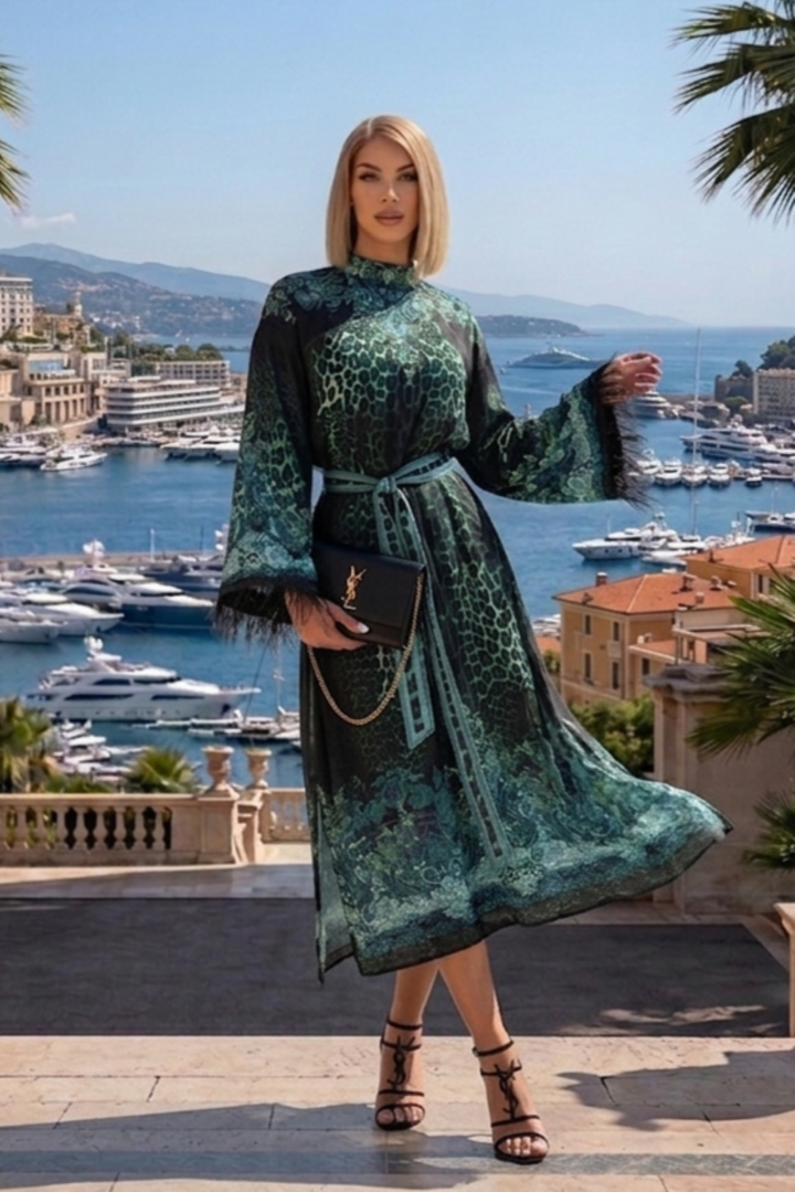 VISCOSE CAFTAN WITH FEATHERS - LEO NEON GREEN