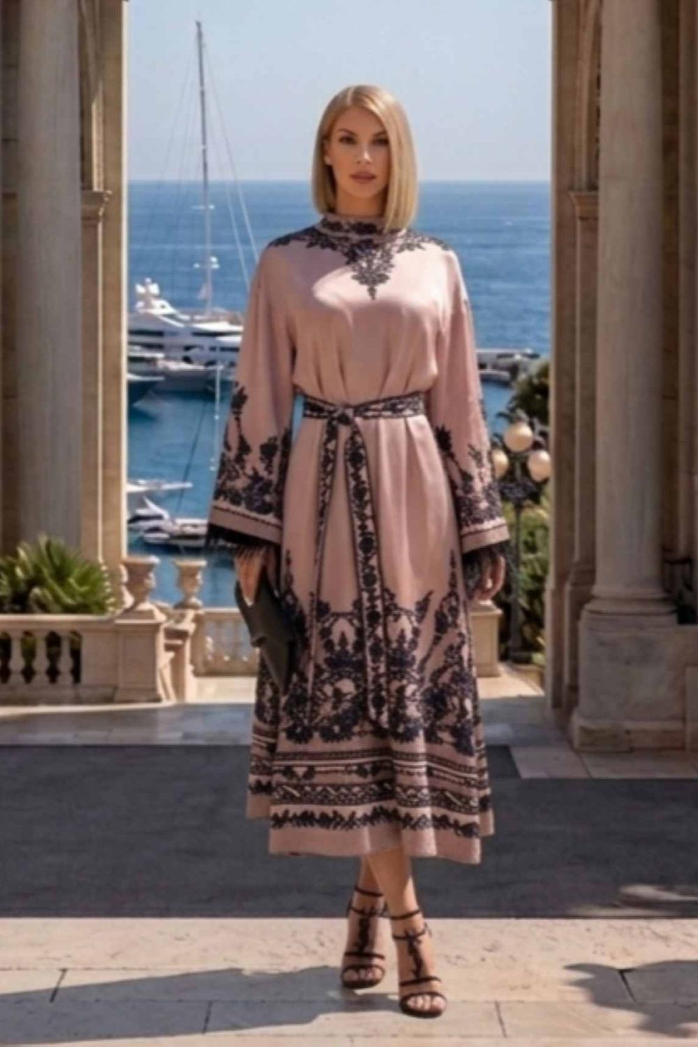 VISCOSE SATIN CAFTAN WITH FEATHERS - GRAFFITI POWDER - Fashion Roots