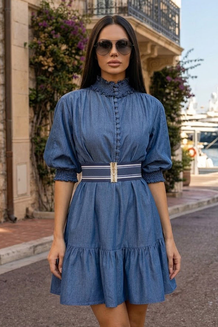 DENIM DRESS WITH ELASTICATED NECKLINE AND BELT - ESSENTIALS