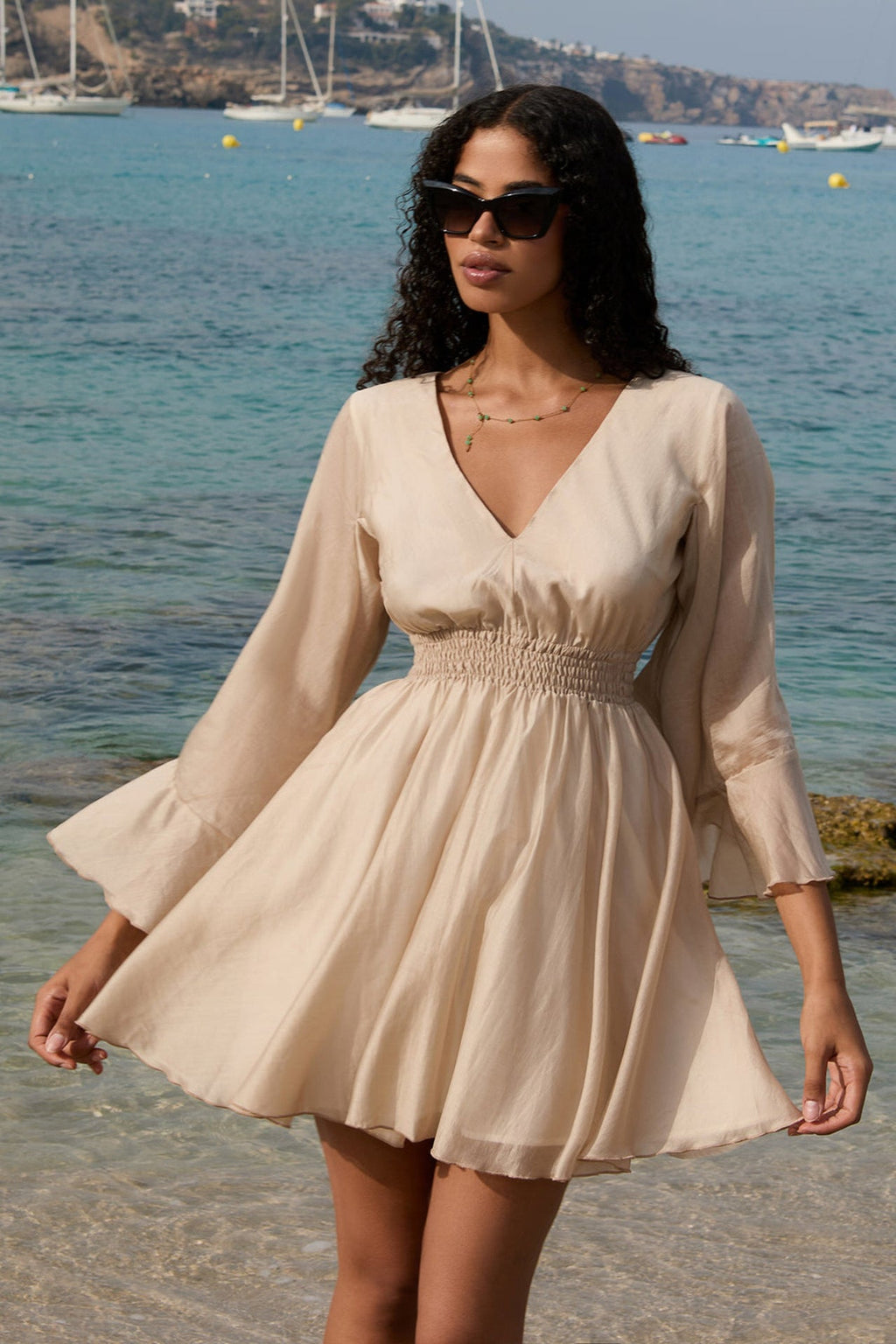 SHORT LYOCELL DRESS WITH WIDE SLEEVES IN BEIGE - ESSENTIALS - Fashion Roots