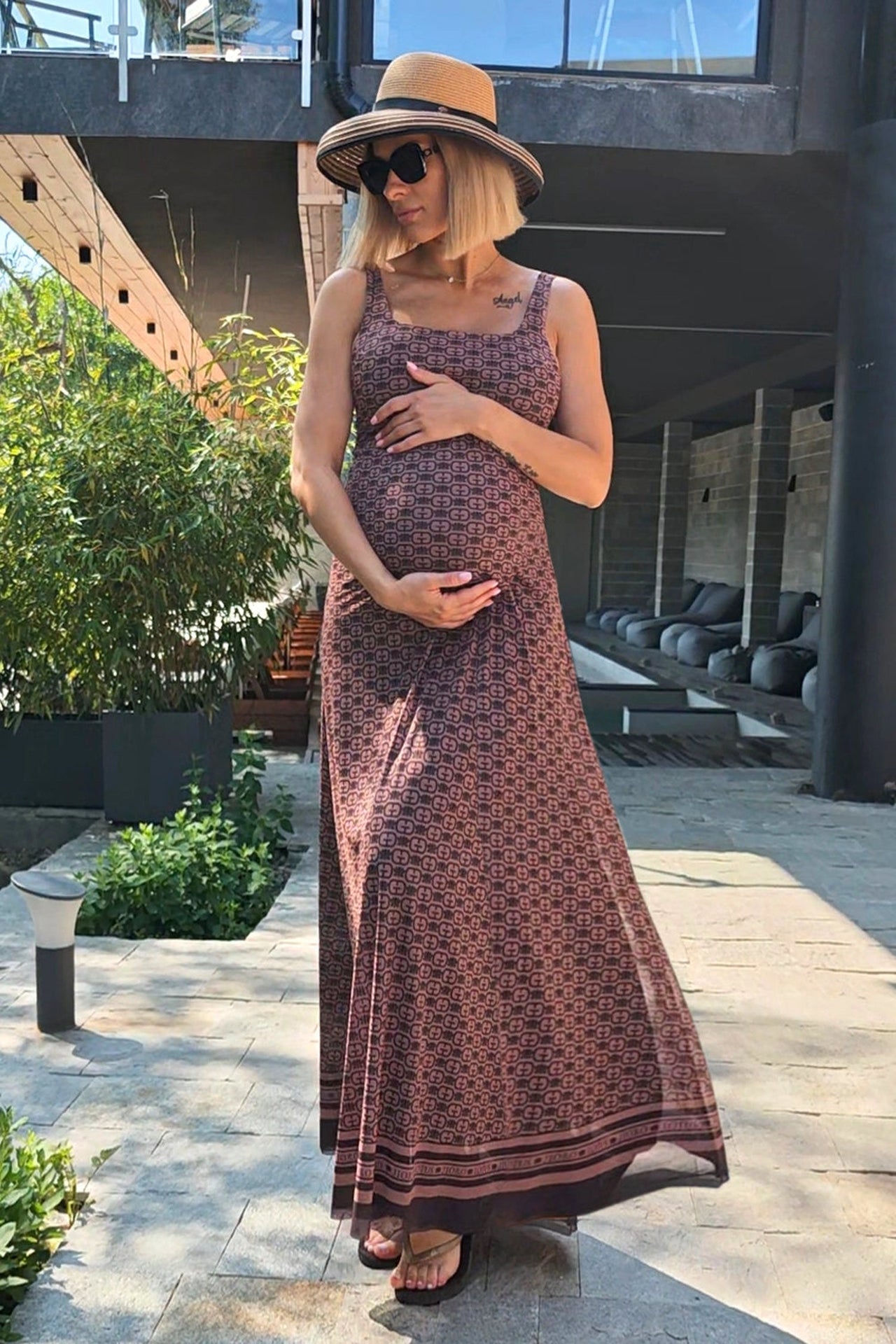 MESH BACKLESS LONG DRESS - MOCHA MOUSSE LOGO