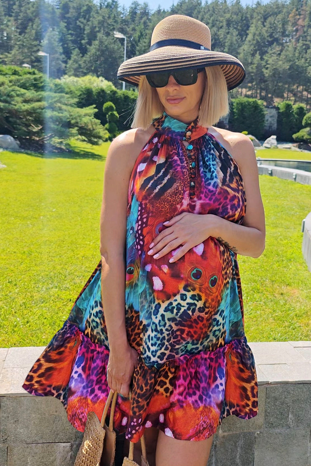 FLARED VISCOSE DRESS - LEO NEON WILD - Fashion Roots