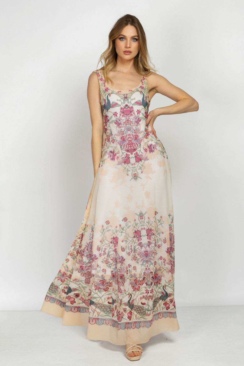 SLEEVELESS LONG MESH DRESS WITH SOFT MODAL LINING - PAISLEY RED JIORO ДЪЛГА РОКЛЯ БЕЗ РЪКАВ ОТ МРЕЖА С ПОДПЛАТА ОТ ФИН МОДАЛ - PAISLEY RED JIORO