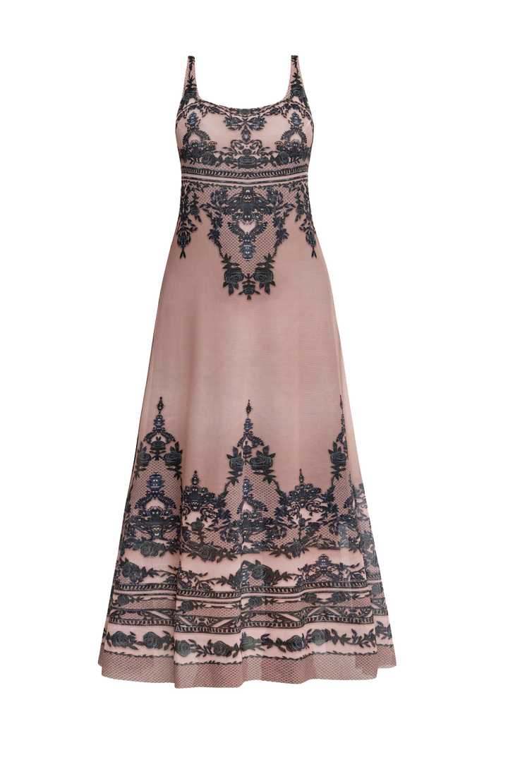 SLEEVELESS LONG MESH DRESS WITH SOFT MODAL LINING - GRAFFITI POWDER JIORO ДЪЛГА РОКЛЯ БЕЗ РЪКАВ ОТ МРЕЖА С ПОДПЛАТА ОТ ФИН МОДАЛ - GRAFFITI POWDER JIORO