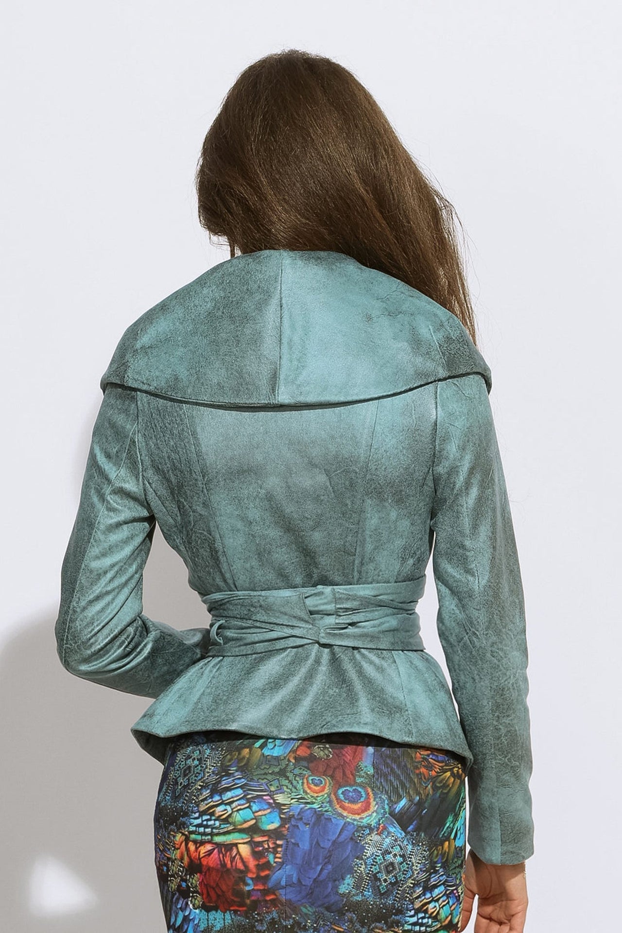 SUEDE-LOOK BLAZER WITH ASYMMETRICAL CLOSURE  IN BLUE - ESSENTIALS JIORO БЛЕЙЗЕР С ШАЛ ЯКА ОТ ВЕЛУР В АЗУРНО СИНЬО - ESSENTIALS JIORO