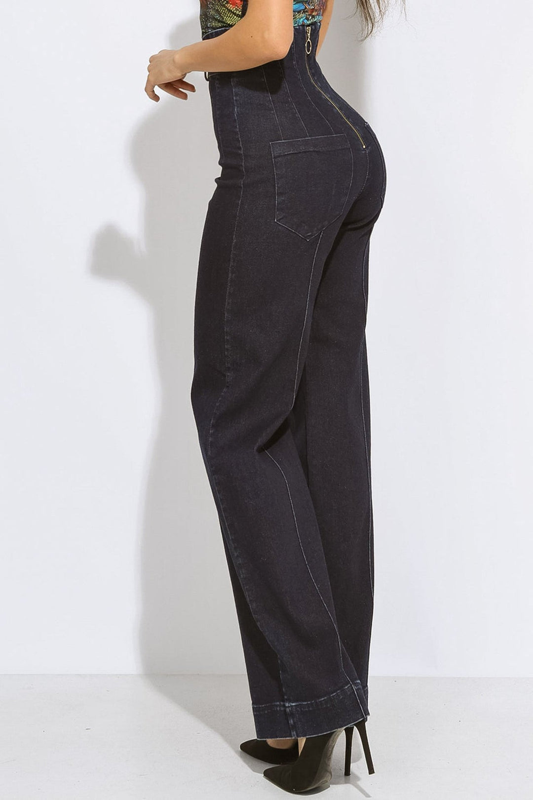 HIGH WAIST WIDE LEG DARK DENIM PANTS - ESSENTIALS