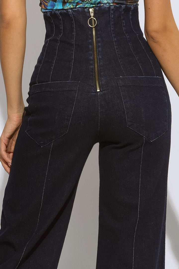 HIGH WAIST WIDE LEG DARK DENIM PANTS - ESSENTIALS
