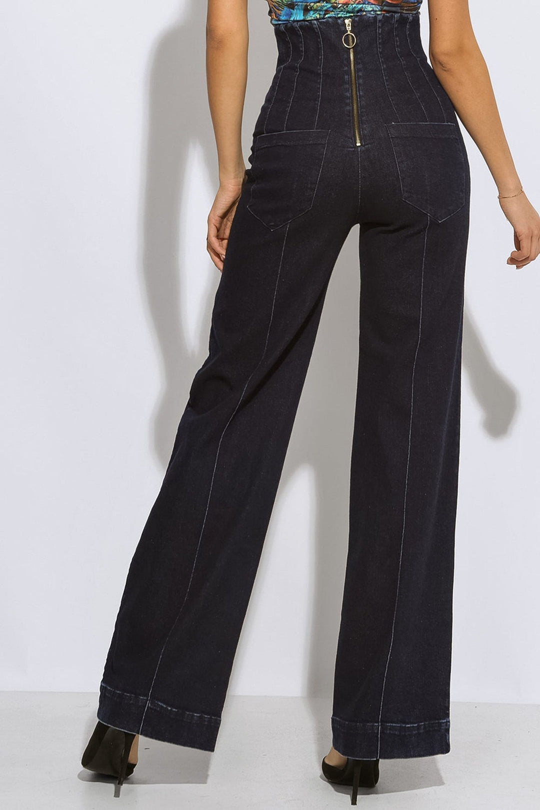 HIGH WAIST WIDE LEG DARK DENIM PANTS - ESSENTIALS