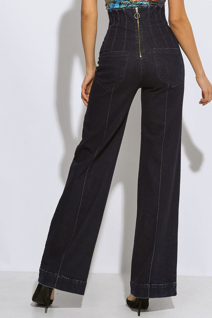 HIGH WAIST WIDE LEG DARK DENIM PANTS - ESSENTIALS