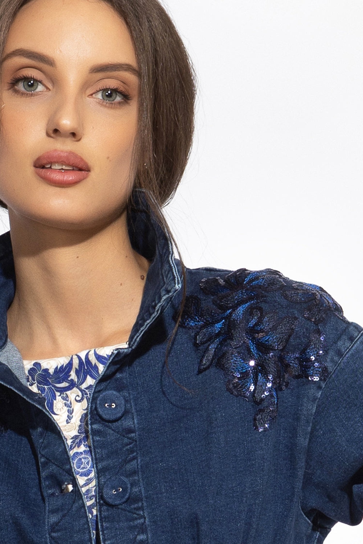 DENIM BLAZER WITH LACE APPLIQUÉS - ESSENTIALS