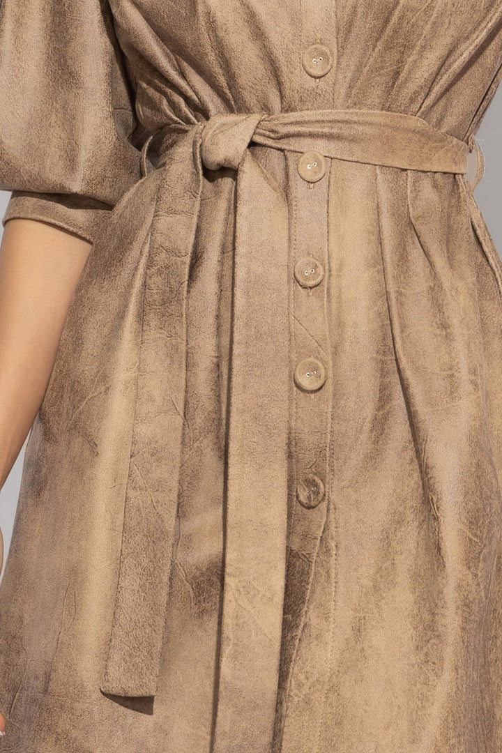 SUEDE-LOOK SHIRT DRESS IN CAPPUCINO - ESSENTIALS - Fashion Roots