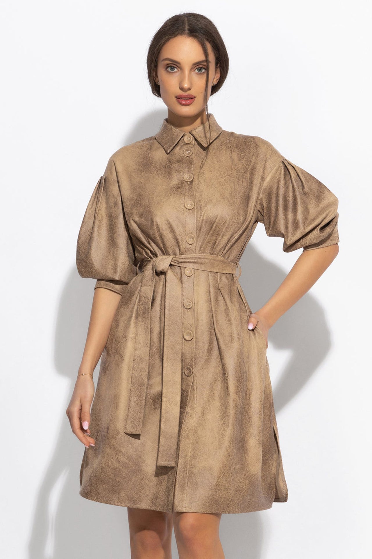 SUEDE-LOOK SHIRT DRESS IN CAPPUCINO - ESSENTIALS