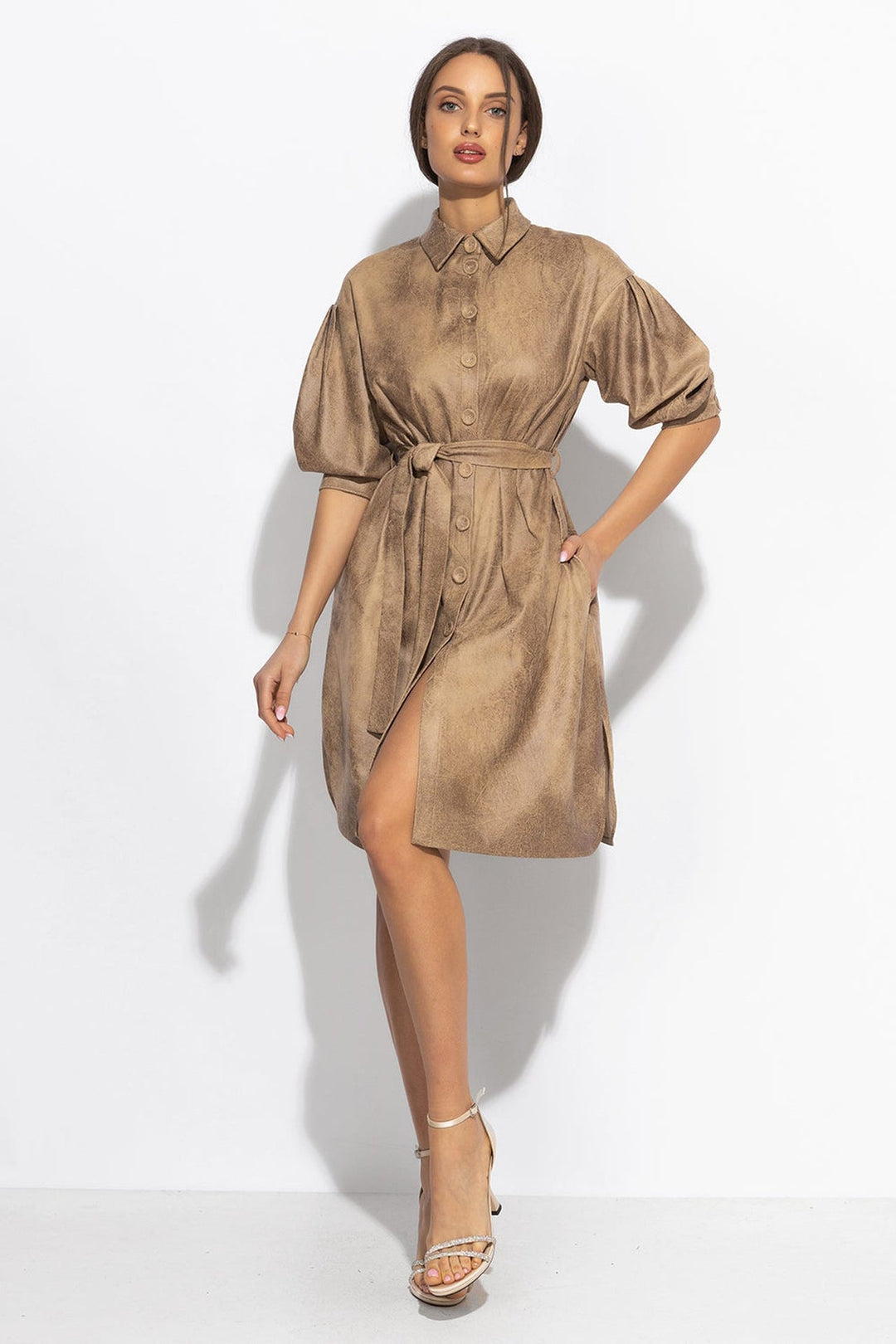 SUEDE-LOOK SHIRT DRESS IN CAPPUCINO - ESSENTIALS - Fashion Roots