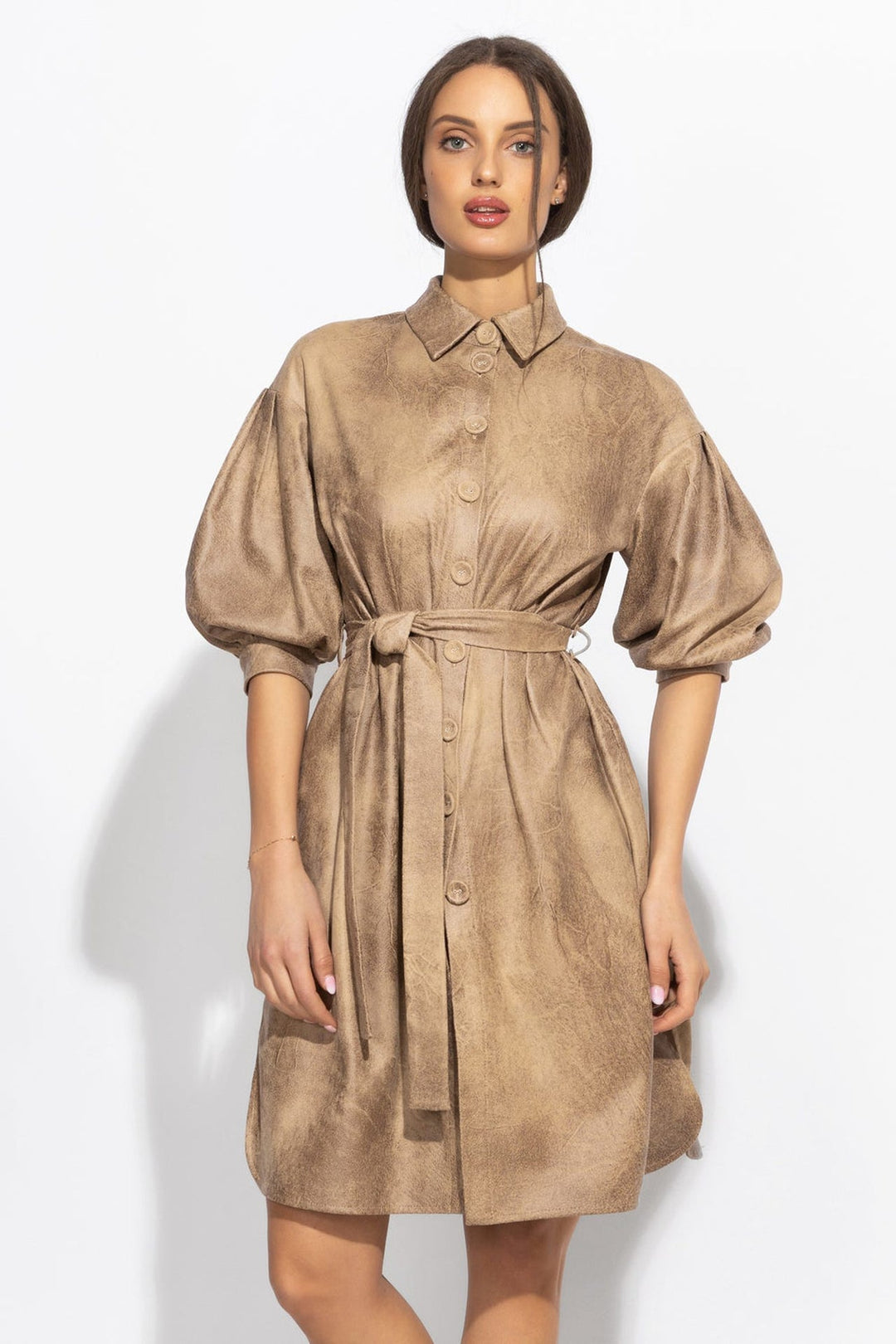 SUEDE-LOOK SHIRT DRESS IN CAPPUCINO - ESSENTIALS - Fashion Roots