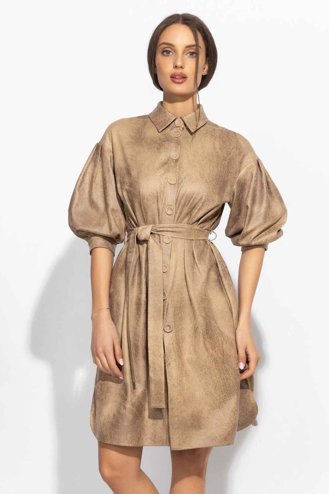 SUEDE-LOOK SHIRT DRESS IN CAPPUCINO - ESSENTIALS