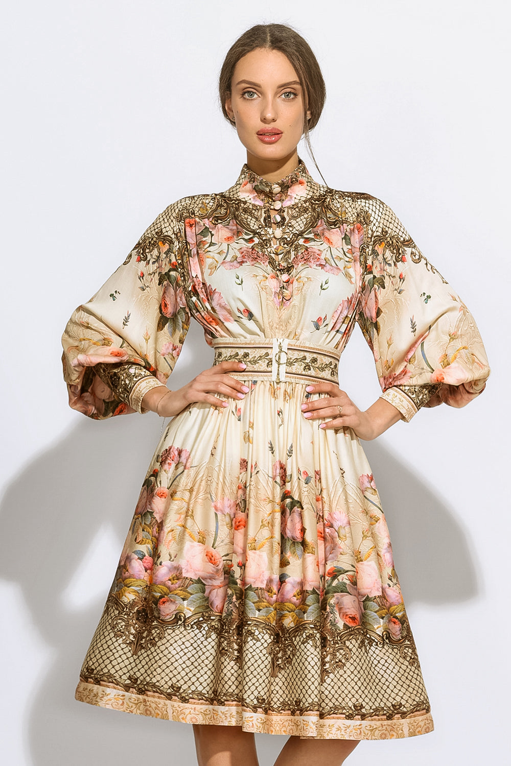 ROBE BOHO EN VISCOSE À MANCHES LONGUES - FLEURS BAROQUES