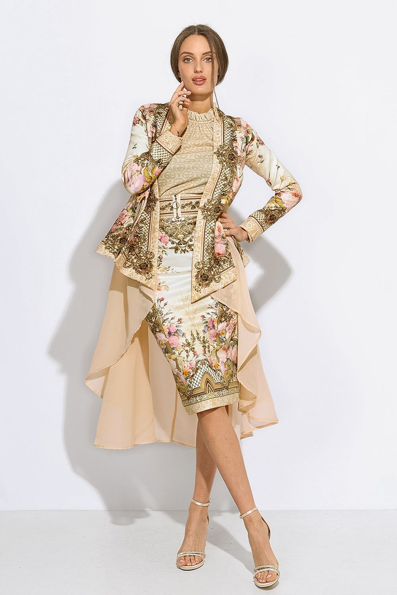 ELEGANT PRINTED CARDIGAN WITH CHIFFON BACK - BAROQUE FLOWERS JIORO ЕЛЕГАНТНА ЖИЛЕТКА С ПРИНТ И ШИФОНЕН ГРЪБ - BAROQUE FLOWERS JIORO