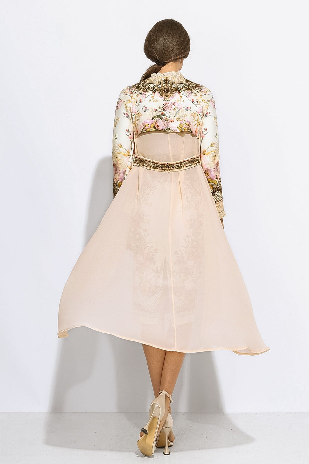 CARDIGAN ÉLÉGANT IMPRIMÉ AVEC DOS EN MOUSSELINE - FLEURS BAROQUES