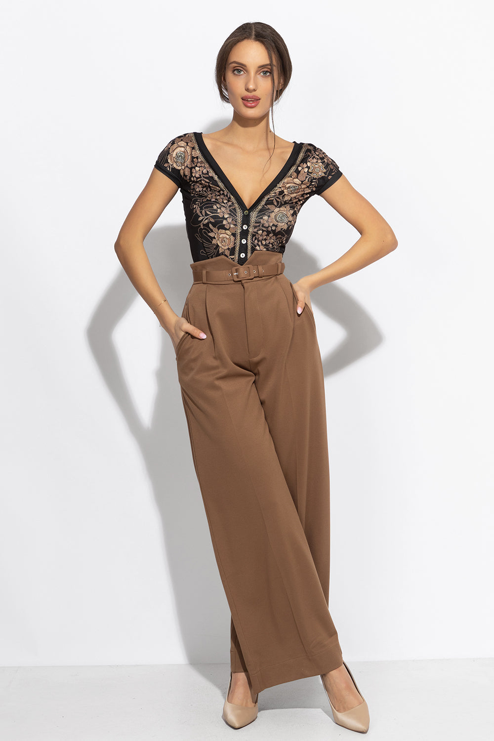 PANTALON TAILLE HAUTE BEIGE EN MÉLANGE DE VISCOSE – ESSENTIALS