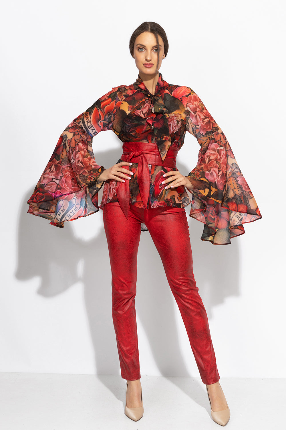 SUEDE LOOK SKINNY 5-POCKET PANTS IN RED - ESSENTIALS JIORO ПАНТАЛОН СЛИМ В ЧЕРВЕН ВЕЛУР - ESSENTIALS JIORO