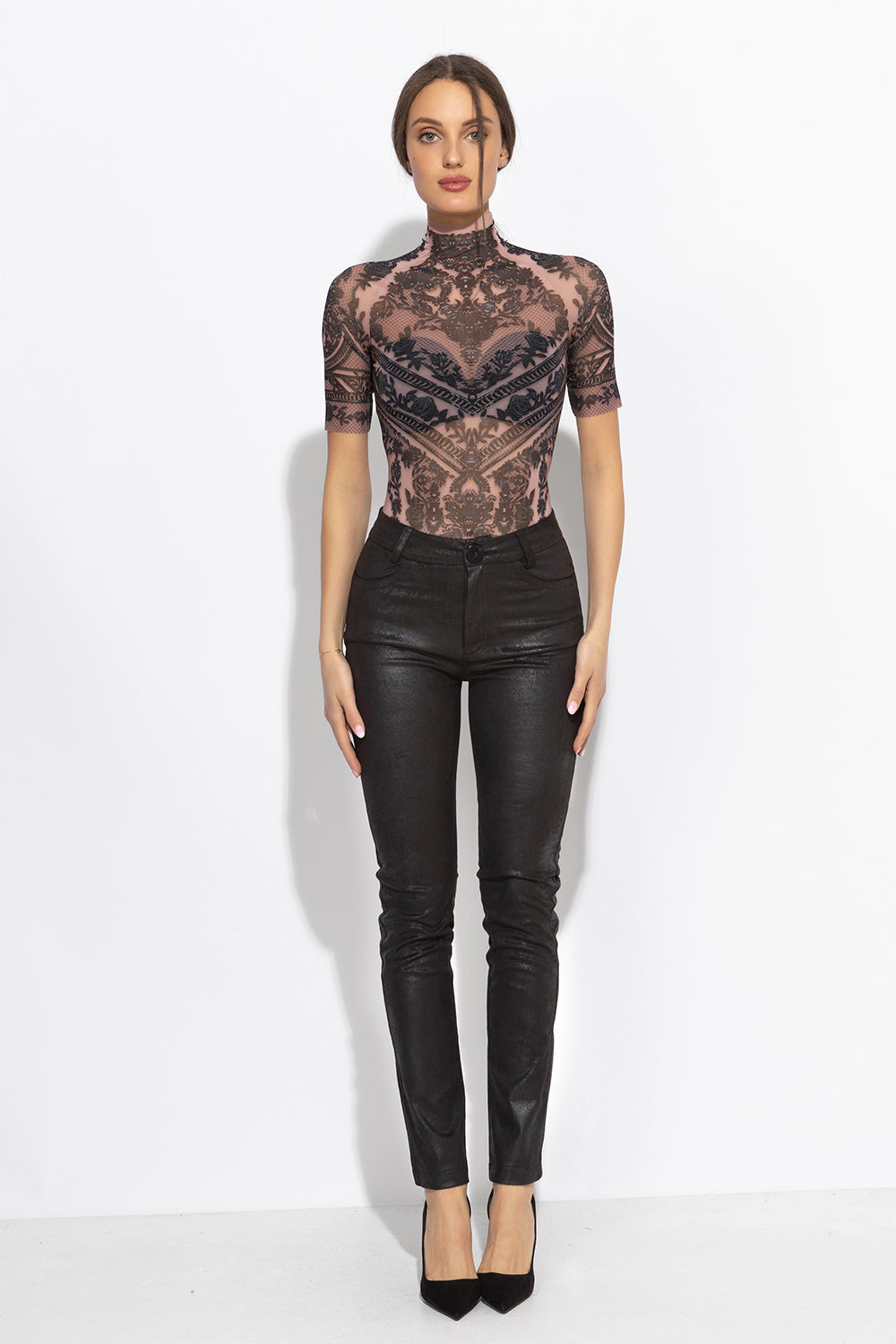 HIGH WAIST SLIM TROUSERS IN BLACK SUEDE - ESSENTIALS