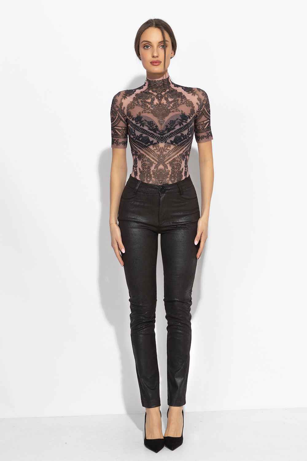 LINED SHORT SLEEVE MESH BODYSUIT - GRAFFITI POWDER