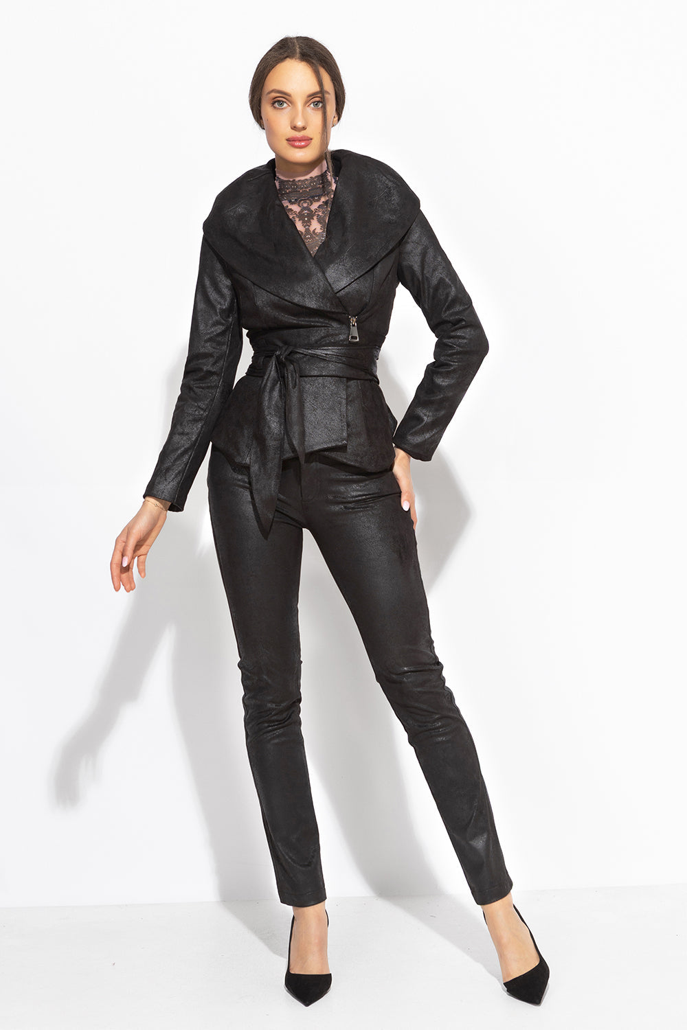 SUEDE-LOOK BLAZER WITH ASYMMETRICAL CLOSURE  IN BLACK - ESSENTIALS