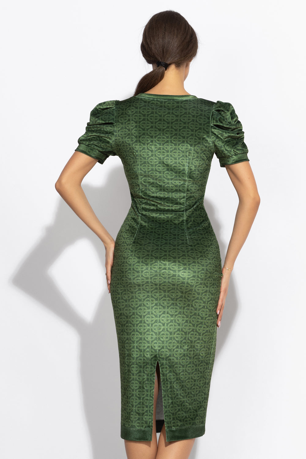 ROBE EN VELOURS À MANCHES BOUFFANTES - LOGO VERT ÉMERAUDE