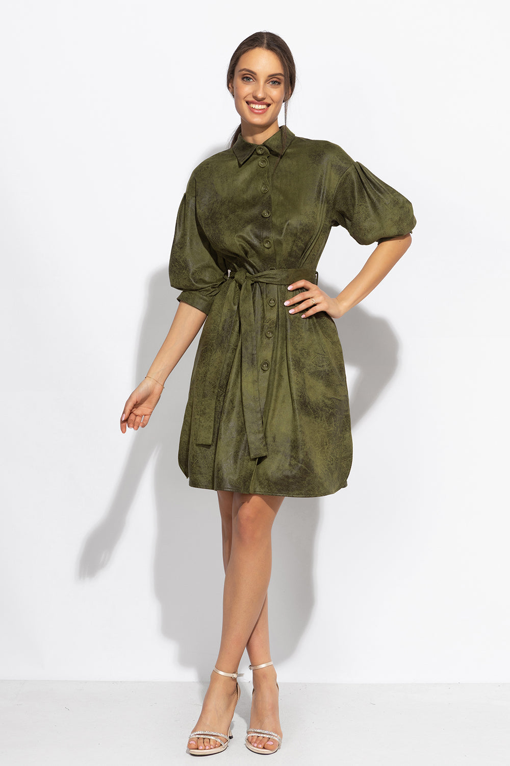 SUEDE-LOOK SHIRT DRESS IN OLIVE GREEN - ESSENTIALS - Fashion Roots