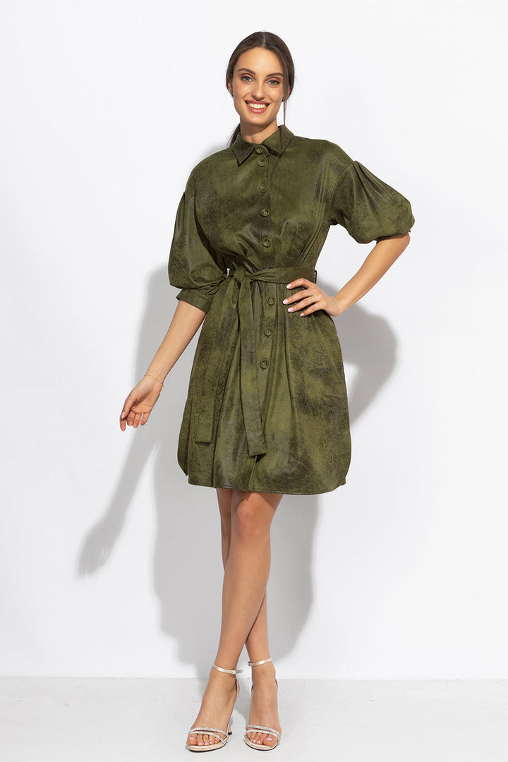 SUEDE-LOOK SHIRT DRESS IN OLIVE GREEN - ESSENTIALS - Fashion Roots