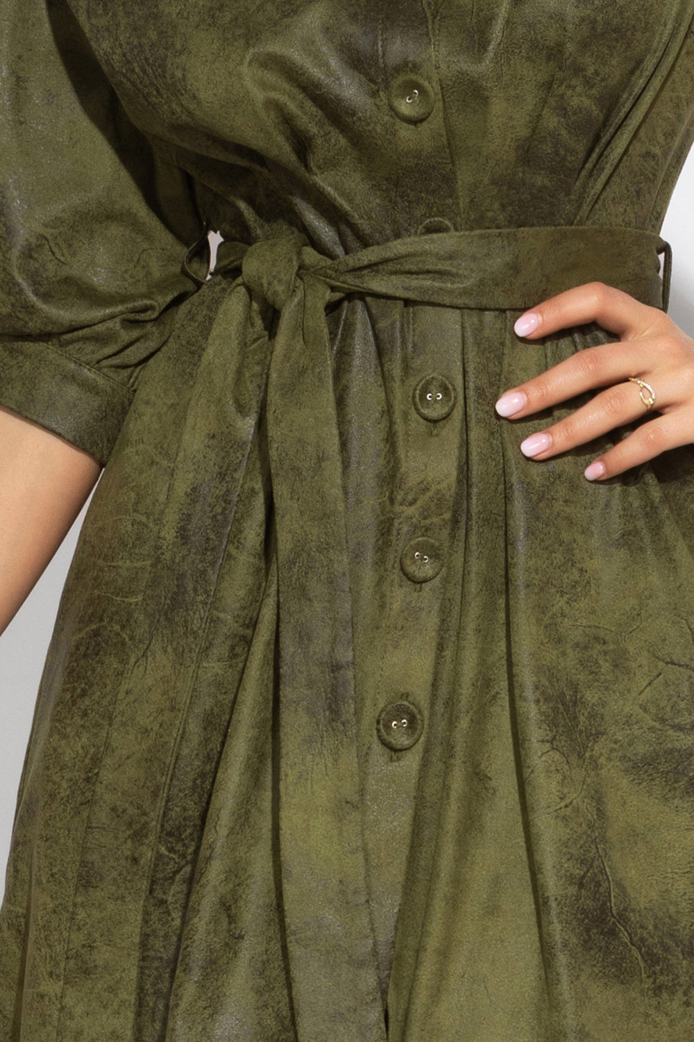SUEDE-LOOK SHIRT DRESS IN OLIVE GREEN - ESSENTIALS - Fashion Roots