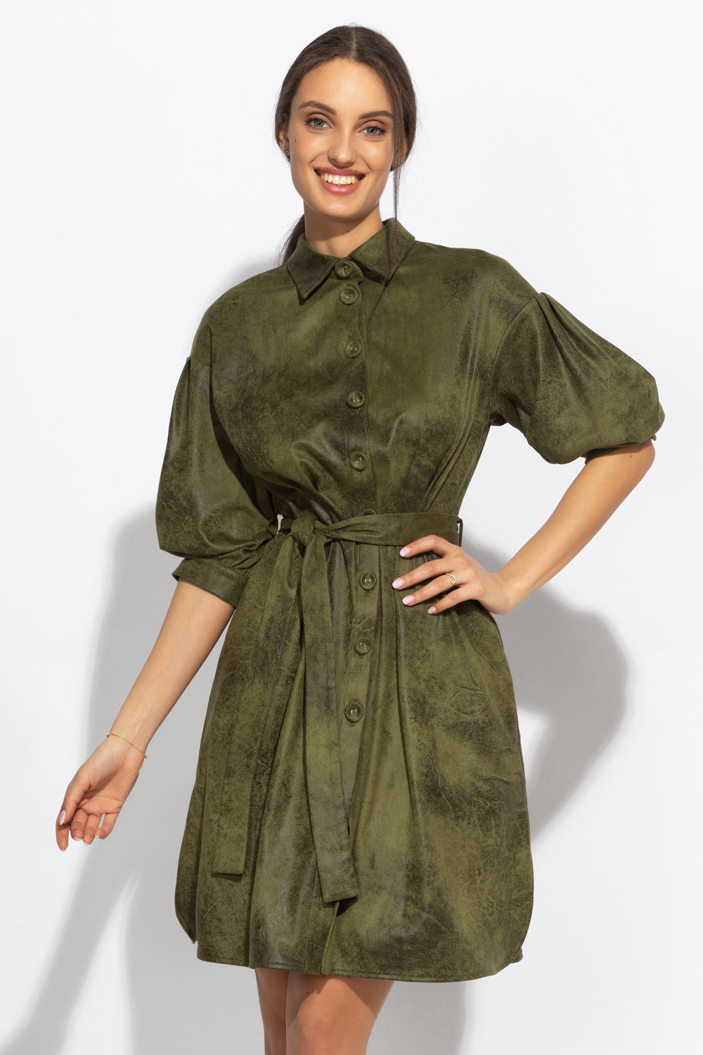 ROBE CHEMISE ASPECT DAIM VERT OLIVE - ESSENTIALS