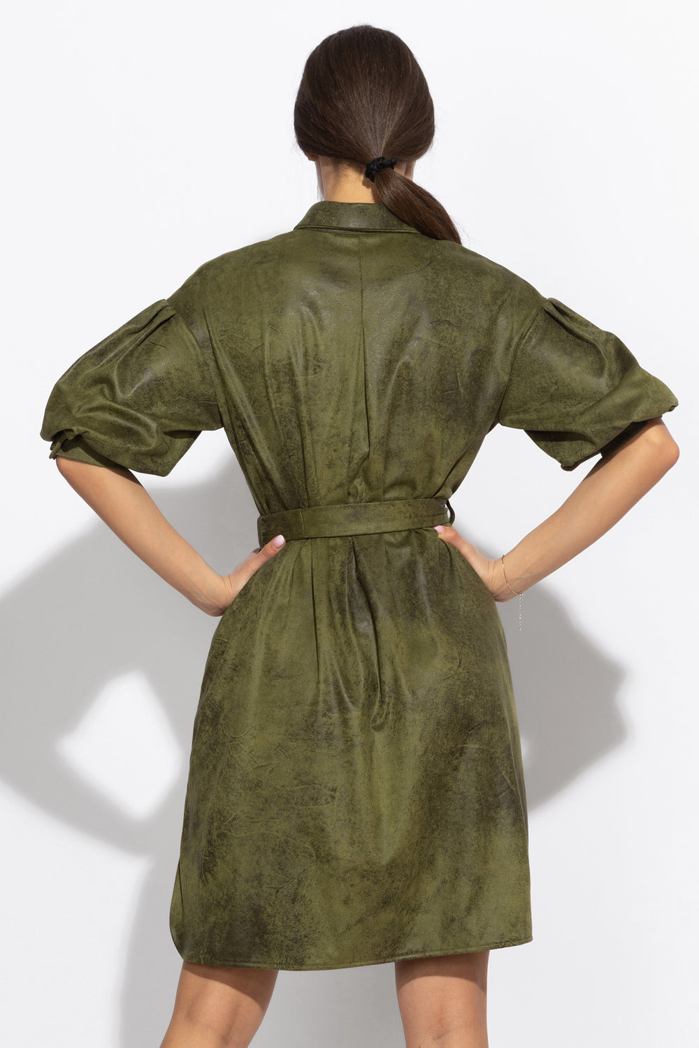 SUEDE-LOOK SHIRT DRESS IN OLIVE GREEN - ESSENTIALS - Fashion Roots