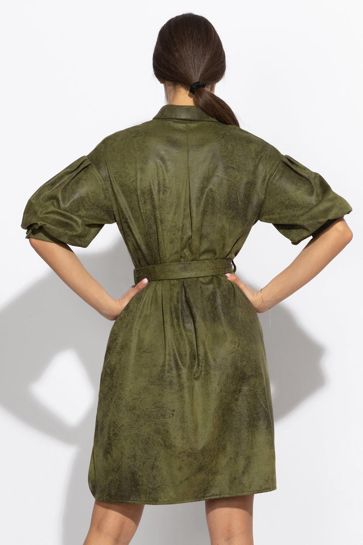 SUEDE-LOOK SHIRT DRESS IN OLIVE GREEN - ESSENTIALS - Fashion Roots