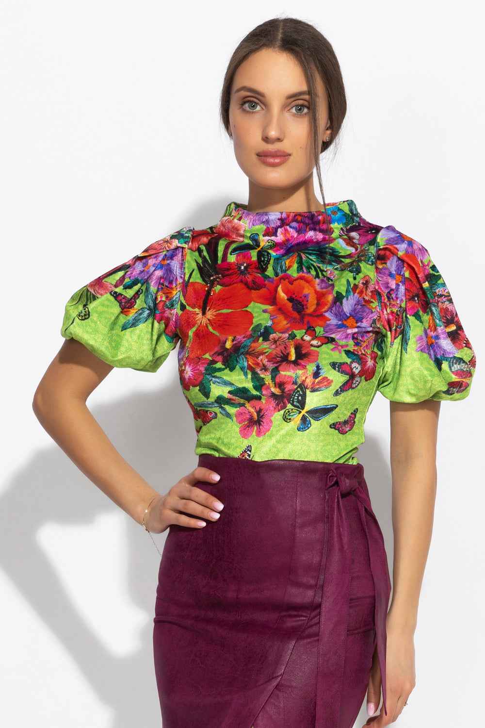 VELVET BLOUSE WITH HIGH NECK AND PUFF SLEEVES - ACID GREEN LOGO