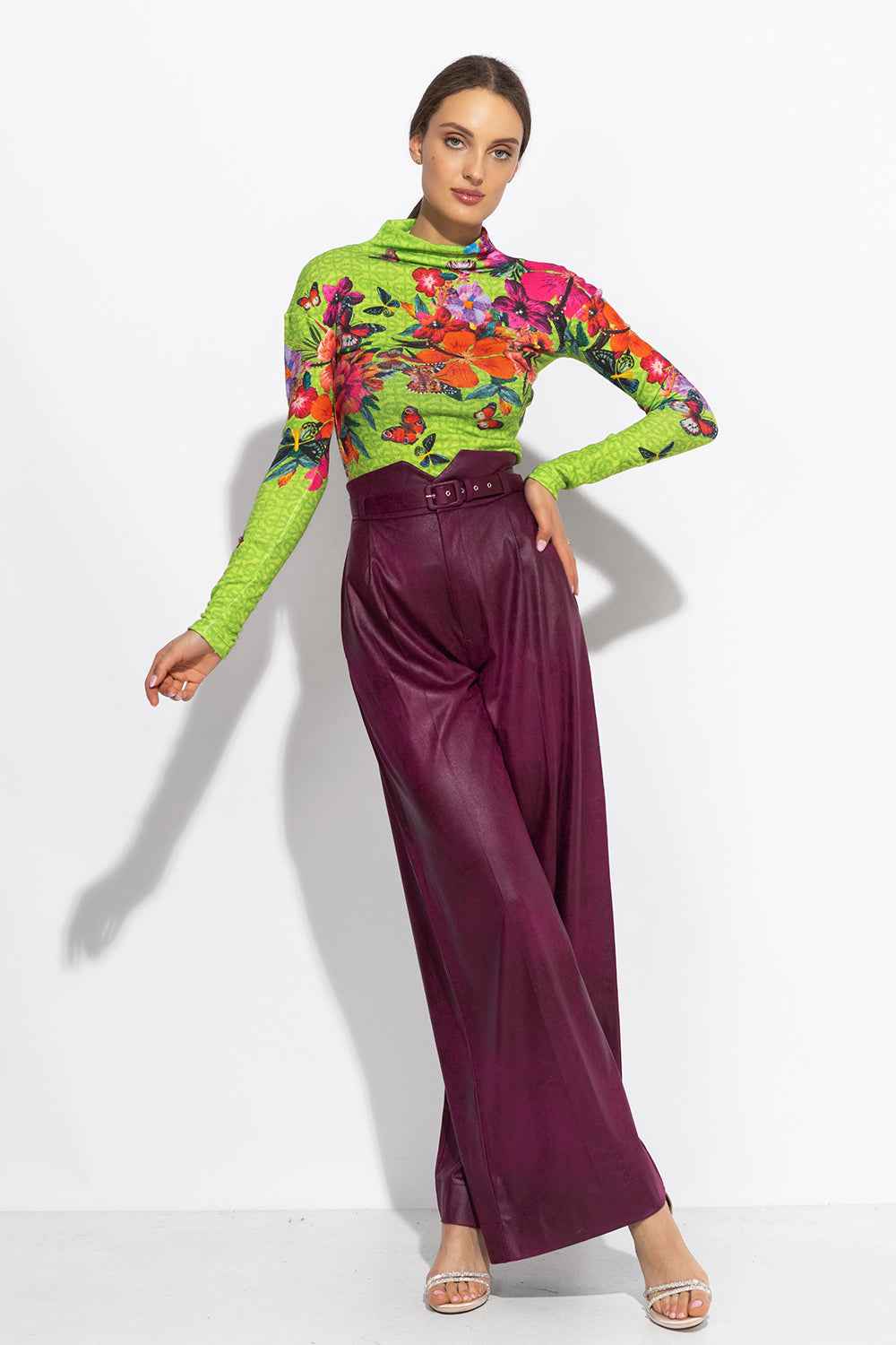 KNITTED TURTLENECK BLOUSE WITH HIGH NECK - ACID GREEN LOGO