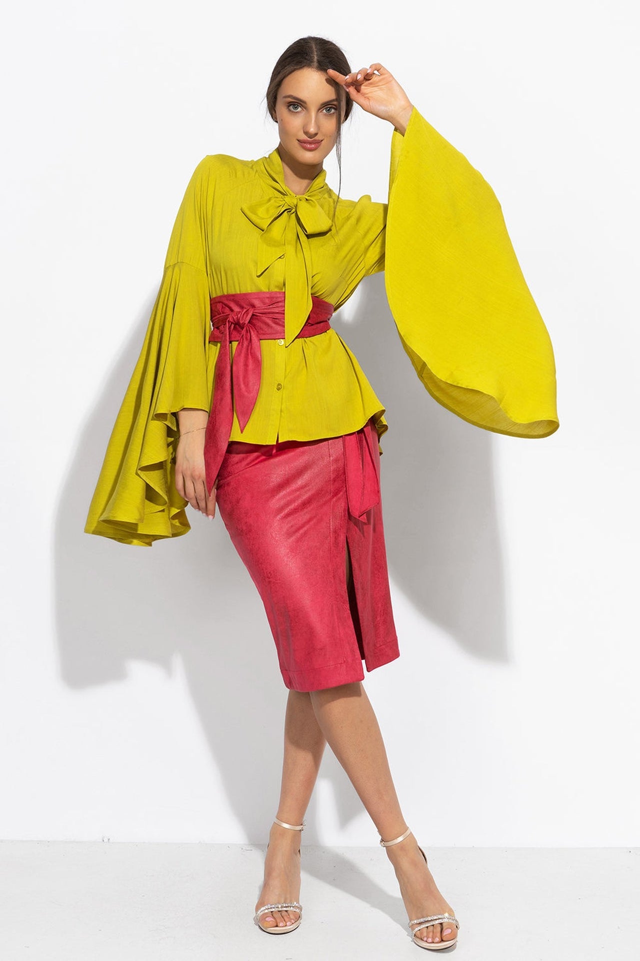 YELLOW ORCHE VISCOSE BLOUSE WITH FLARED SLEEVES - ESSENTIALS - Fashion Roots