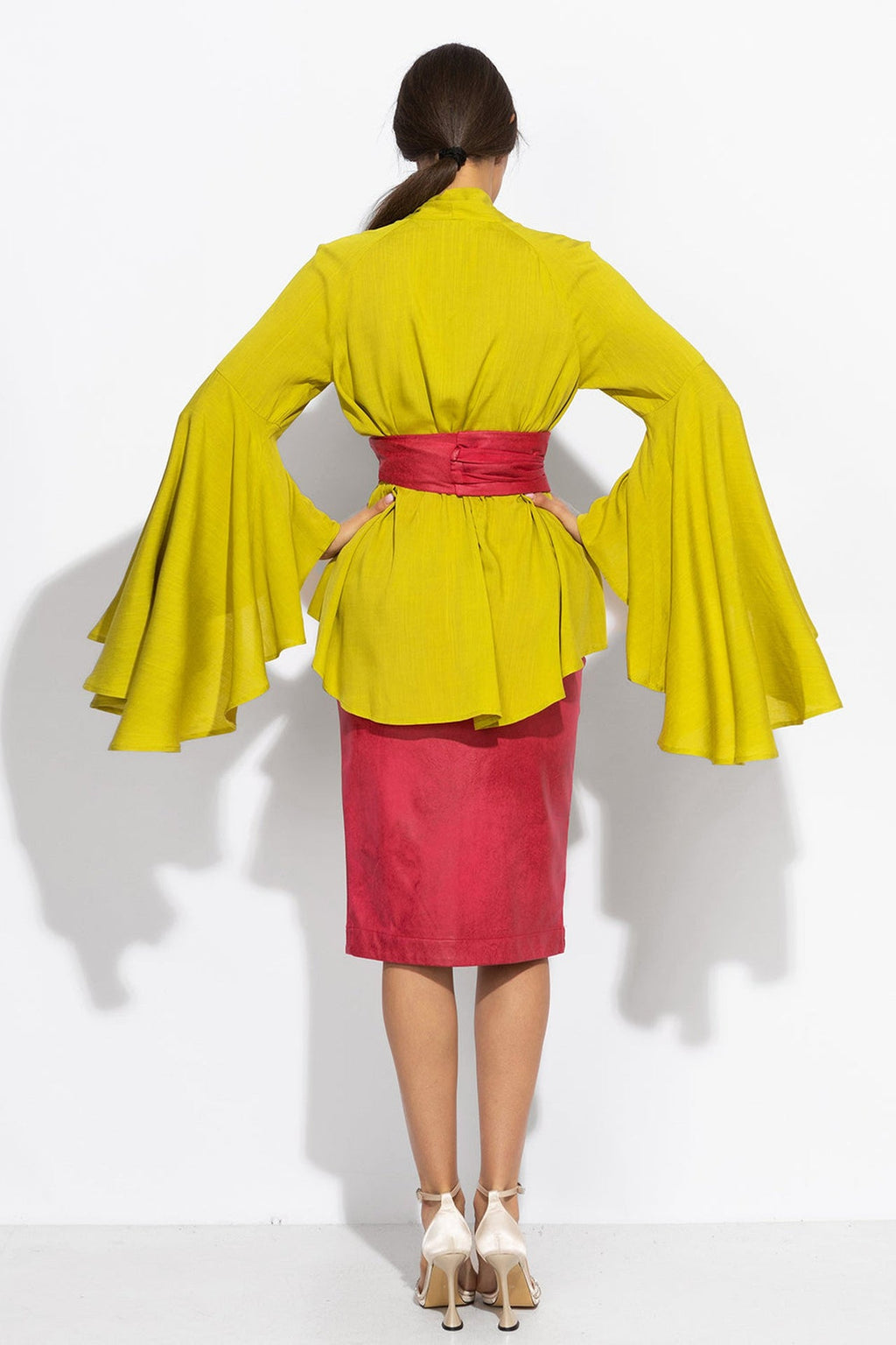 YELLOW ORCHE VISCOSE BLOUSE WITH FLARED SLEEVES - ESSENTIALS - Fashion Roots