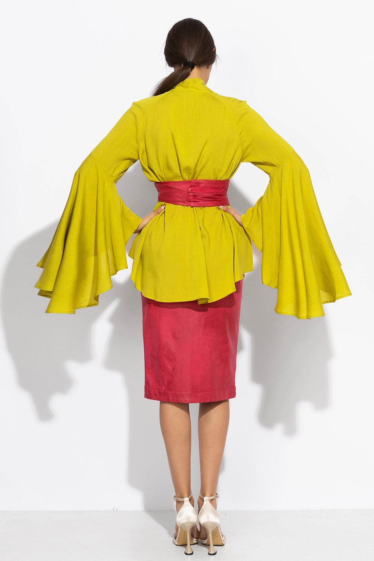 YELLOW ORCHE VISCOSE BLOUSE WITH FLARED SLEEVES - ESSENTIALS - Fashion Roots