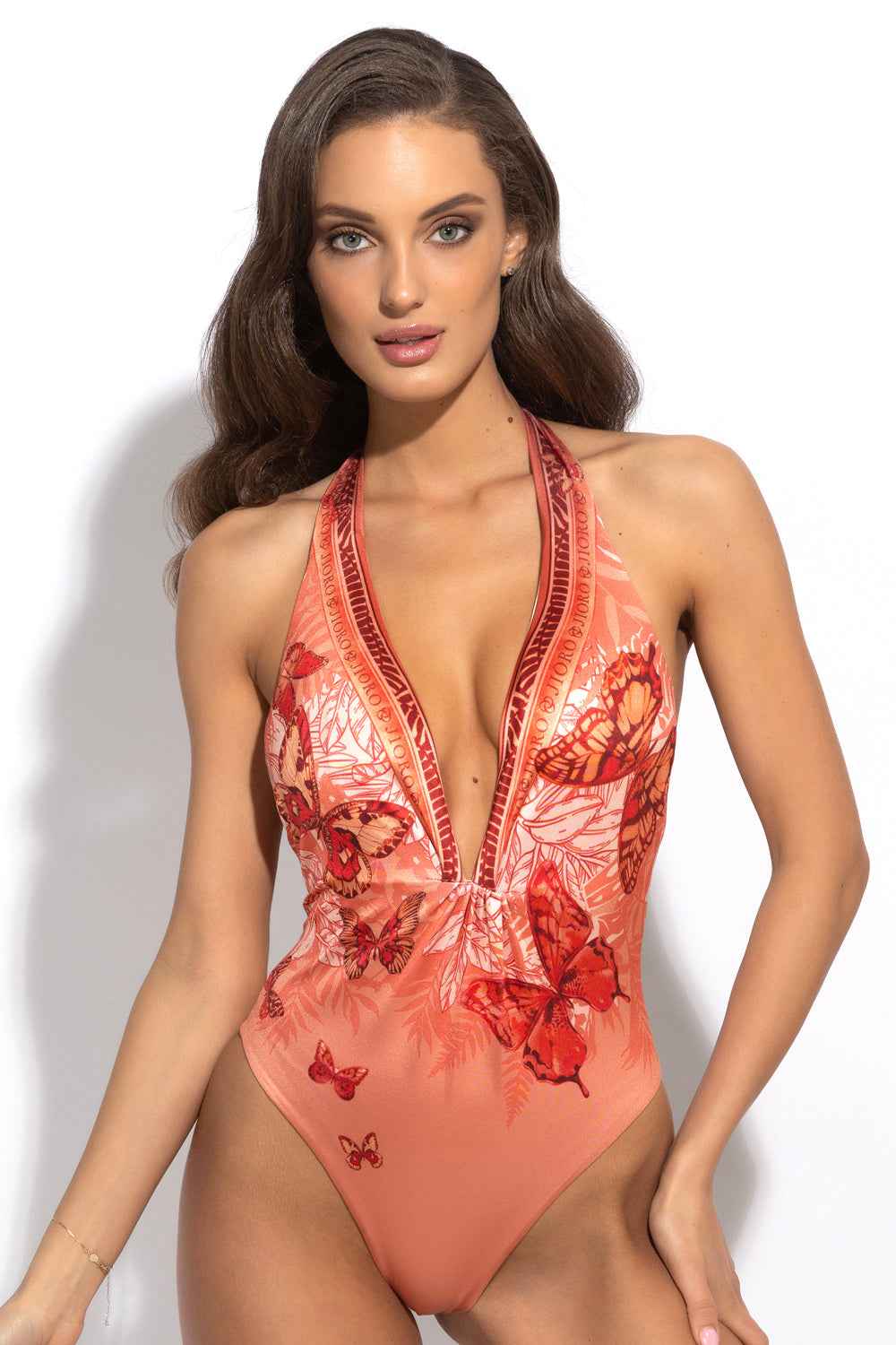 ONE-PIECE SWIMSUIT WITH CUPS AND OPEN BACK - PAPAYA BUTTERFLIES