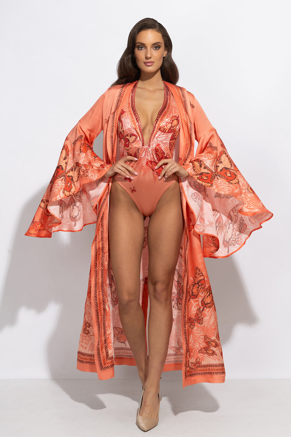 VISCOSE KIMONO WITH DRAPED BACK AND SHAWL COLLAR - PAPAYA BUTTERFLIES JIORO КИМОНО ОТ ВИСКОЗА С ШАЛ ЯКА И ДРАПИРАН ГРЪБ - PAPAYA BUTTERFLIES JIORO