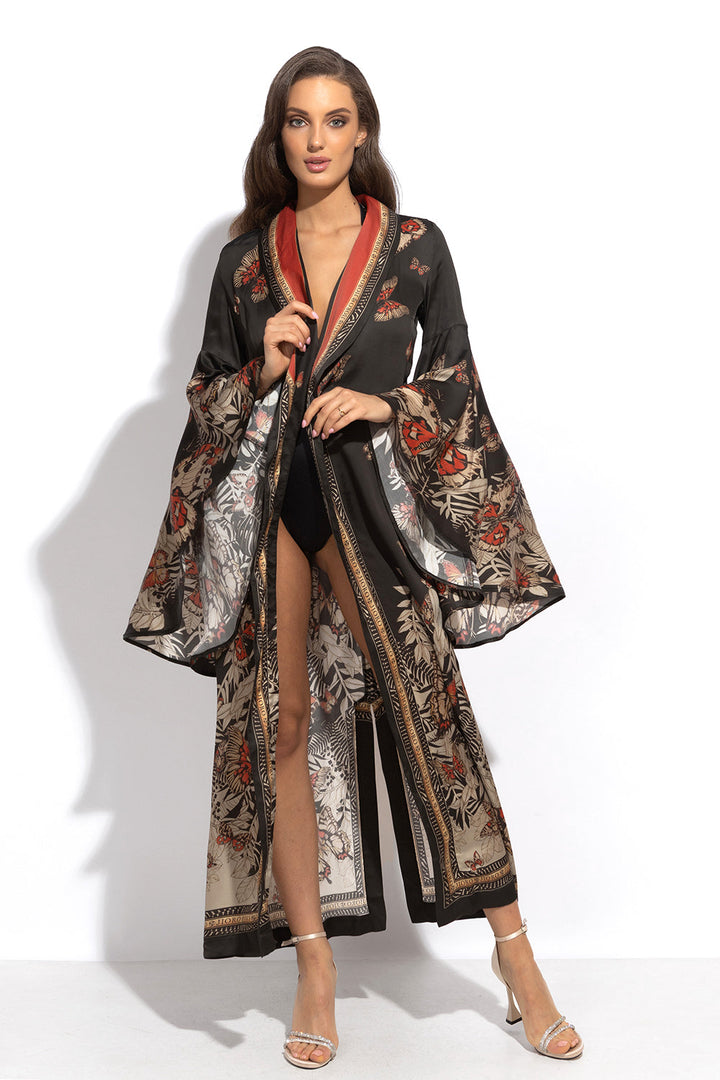 VISCOSE KIMONO WITH DRAPED BACK AND SHAWL COLLAR - MIDNIGHT BUTTERFLIES
