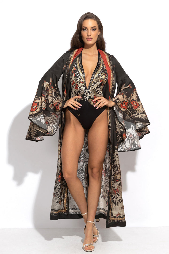 VISCOSE KIMONO WITH DRAPED BACK AND SHAWL COLLAR - MIDNIGHT BUTTERFLIES
