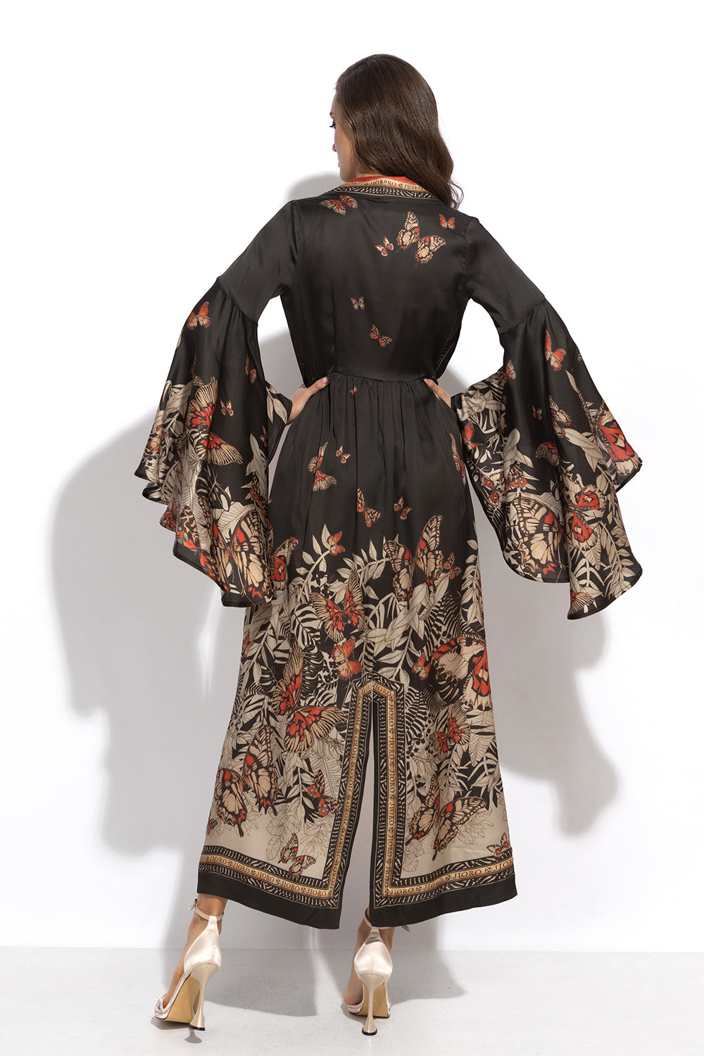 VISCOSE KIMONO WITH DRAPED BACK AND SHAWL COLLAR - MIDNIGHT BUTTERFLIES