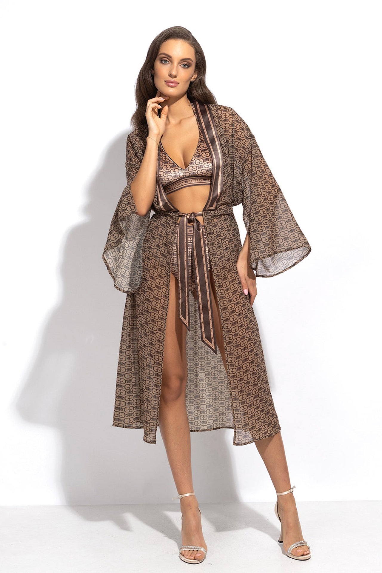KIMONO WITH PLASTRON AND INTEGRATED BELT IN FRENCH CHIFFON - MOCHA MOUSSE LOGO - Fashion Roots