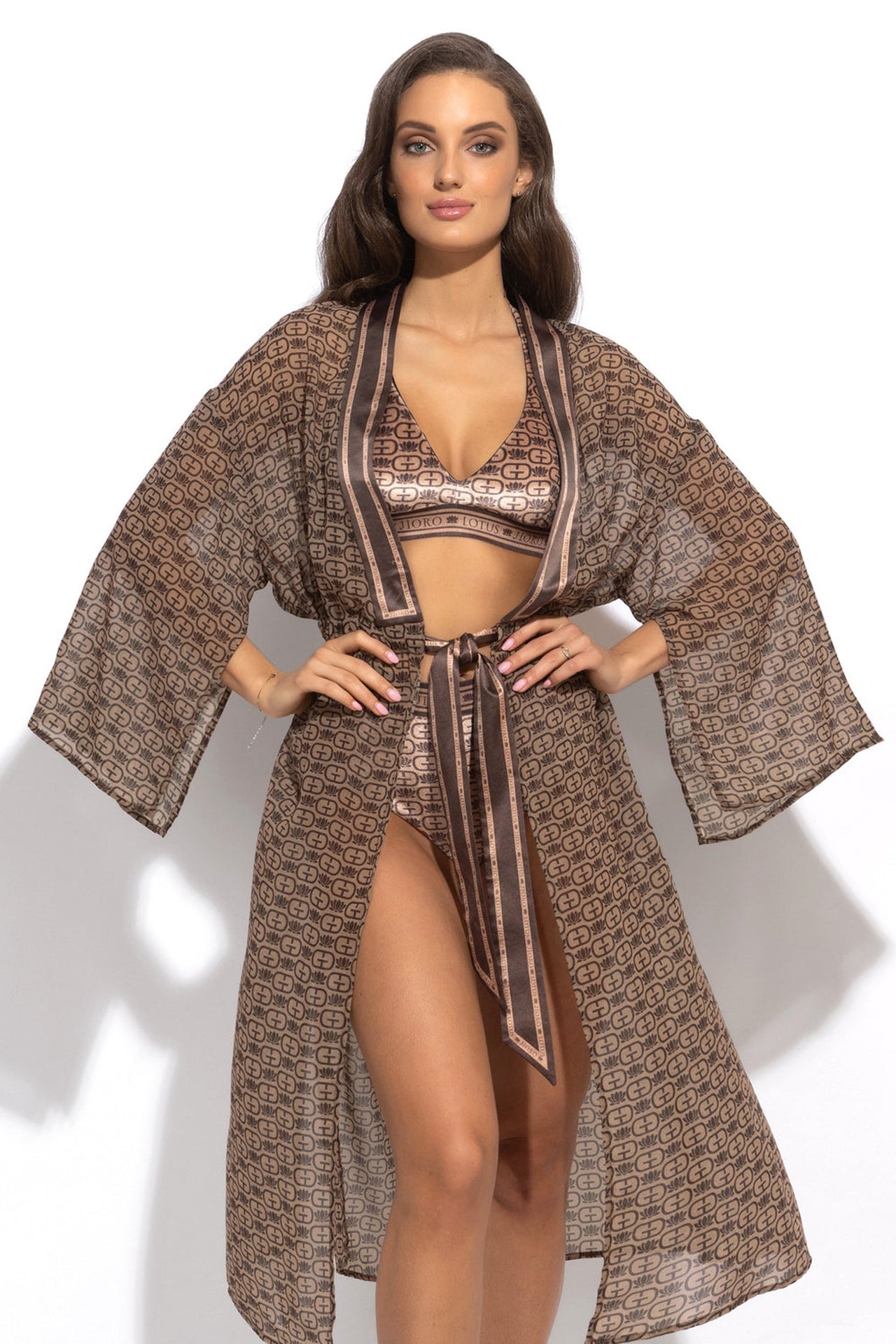 KIMONO WITH PLASTRON AND INTEGRATED BELT IN FRENCH CHIFFON - MOCHA MOUSSE LOGO JIORO КИМОНО С ПЛАСТРОН И ВГРАДЕН КОЛАН ОТ ФРЕНСКИ ШИФОН - MOCHA MOUSSE LOGO JIORO